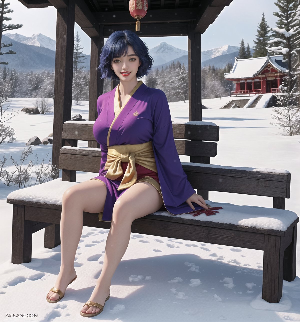 A fantasy-adventure masterpiece, rendered in ultra-detailed 8K with vibrant, realistic details. | Yumi, a young 23-year-old woman, is dressed in a traditional purple Japanese kimono, with a black obi tied around her waist. Her short ((blue hair)) is styled in a modern and stylish cut, with light effects shining on it. ((She has golden eyes, looking at the viewer while smiling and showing her teeth, wearing red lipstick)). It is located in an ancient temple in the snowy mountains, with rock and wooden structures covered in snow. The ice-covered sculptures and bench add to the beauty and mystery of the place. The sunlight shining on the snow creates a dazzling effect, highlighting the majesty of the mountains. | The image highlights Yumi's elegant figure and the architectural elements of the ancient temple. The rock and wooden structures, along with the ice-covered sculptures and bench, create a mystical and enchanting environment. The sunlight shining on the snow highlights the beauty and majesty of the mountains. | Soft, glowing lighting effects create a magical, enchanting atmosphere, while detailed textures on clothing, hair, and structures add realism to the image. | A stunning scene of a young woman in an ancient temple in the snowy mountains, exploring themes of fantasy, adventure and natural beauty. | (((The image reveals a full-body shot as Yumi assumes a sensual pose, engagingly leaning against a structure within the scene in an exciting manner. She takes on a sensual pose as she interacts, boldly leaning on a structure, leaning back and boldly throwing herself onto the structure, reclining back in an exhilarating way.))). | ((((full-body shot)))), ((perfect pose)), ((perfect arms):1.2), ((perfect limbs, perfect fingers, better hands, perfect hands, hands)), ((perfect legs, perfect feet):1.2), ((huge breasts)), ((perfect design)), ((perfect composition)), ((very detailed scene, very detailed background, perfect layout, correct imperfections)), Enhance, Ultra details++, More Detail, poakl