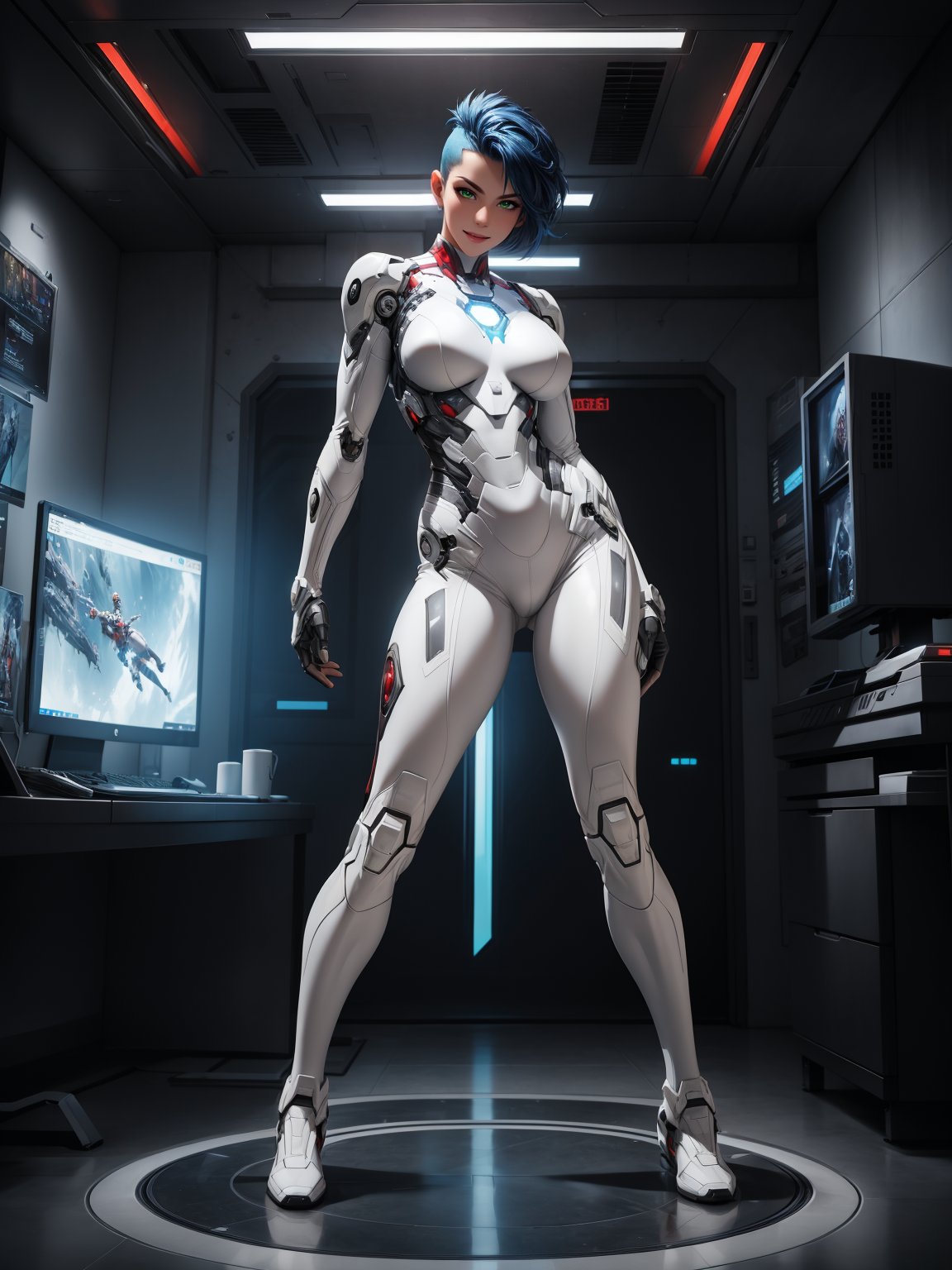 A woman,  wearing white heroine costume + iron man costume,  all black with white parts by Yamato on Tensor.Art