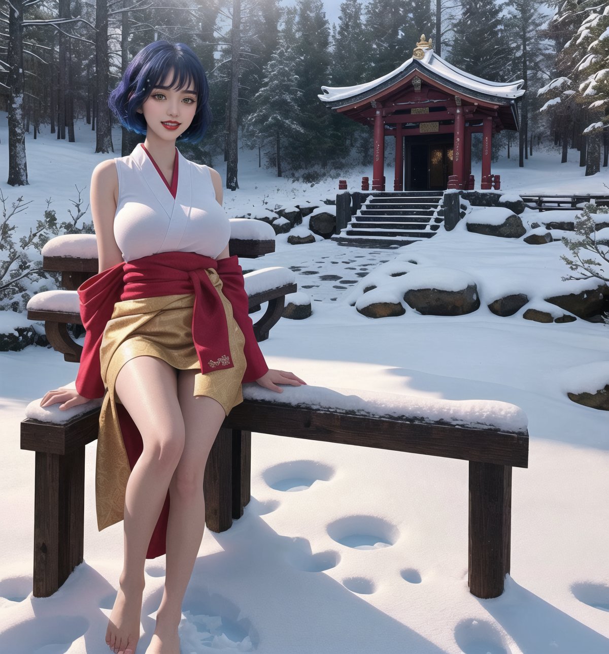 A fantasy-adventure masterpiece, rendered in ultra-detailed 8K with vibrant, realistic details. | Yumi, a young 23-year-old woman, is dressed in a traditional purple Japanese kimono, with a black obi tied around her waist. Her short ((blue hair)) is styled in a modern and stylish cut, with light effects shining on it. ((She has golden eyes, looking at the viewer while smiling and showing her teeth, wearing red lipstick)). It is located in an ancient temple in the snowy mountains, with rock and wooden structures covered in snow. The ice-covered sculptures and bench add to the beauty and mystery of the place. The sunlight shining on the snow creates a dazzling effect, highlighting the majesty of the mountains. | The image highlights Yumi's elegant figure and the architectural elements of the ancient temple. The rock and wooden structures, along with the ice-covered sculptures and bench, create a mystical and enchanting environment. The sunlight shining on the snow highlights the beauty and majesty of the mountains. | Soft, glowing lighting effects create a magical, enchanting atmosphere, while detailed textures on clothing, hair, and structures add realism to the image. | A stunning scene of a young woman in an ancient temple in the snowy mountains, exploring themes of fantasy, adventure and natural beauty. | (((The image reveals a full-body shot as Yumi assumes a sensual pose, engagingly leaning against a structure within the scene in an exciting manner. She takes on a sensual pose as she interacts, boldly leaning on a structure, leaning back and boldly throwing herself onto the structure, reclining back in an exhilarating way.))). | ((((full-body shot)))), ((perfect pose)), ((perfect arms):1.2), ((perfect limbs, perfect fingers, better hands, perfect hands, hands)), ((perfect legs, perfect feet):1.2), ((huge breasts)), ((perfect design)), ((perfect composition)), ((very detailed scene, very detailed background, perfect layout, correct imperfections)), Enhance, Ultra details++, More Detail, poakl