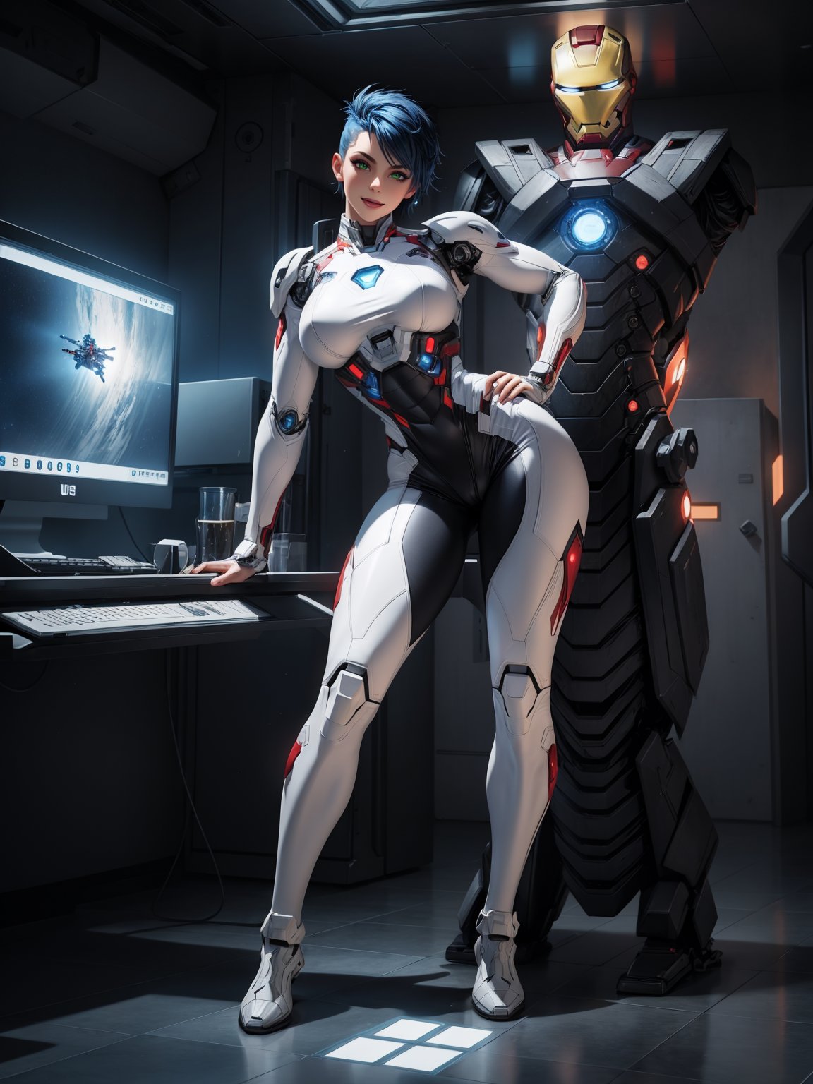 A woman,  wearing white heroine costume + iron man costume,  all black with white parts by Yamato on Tensor.Art