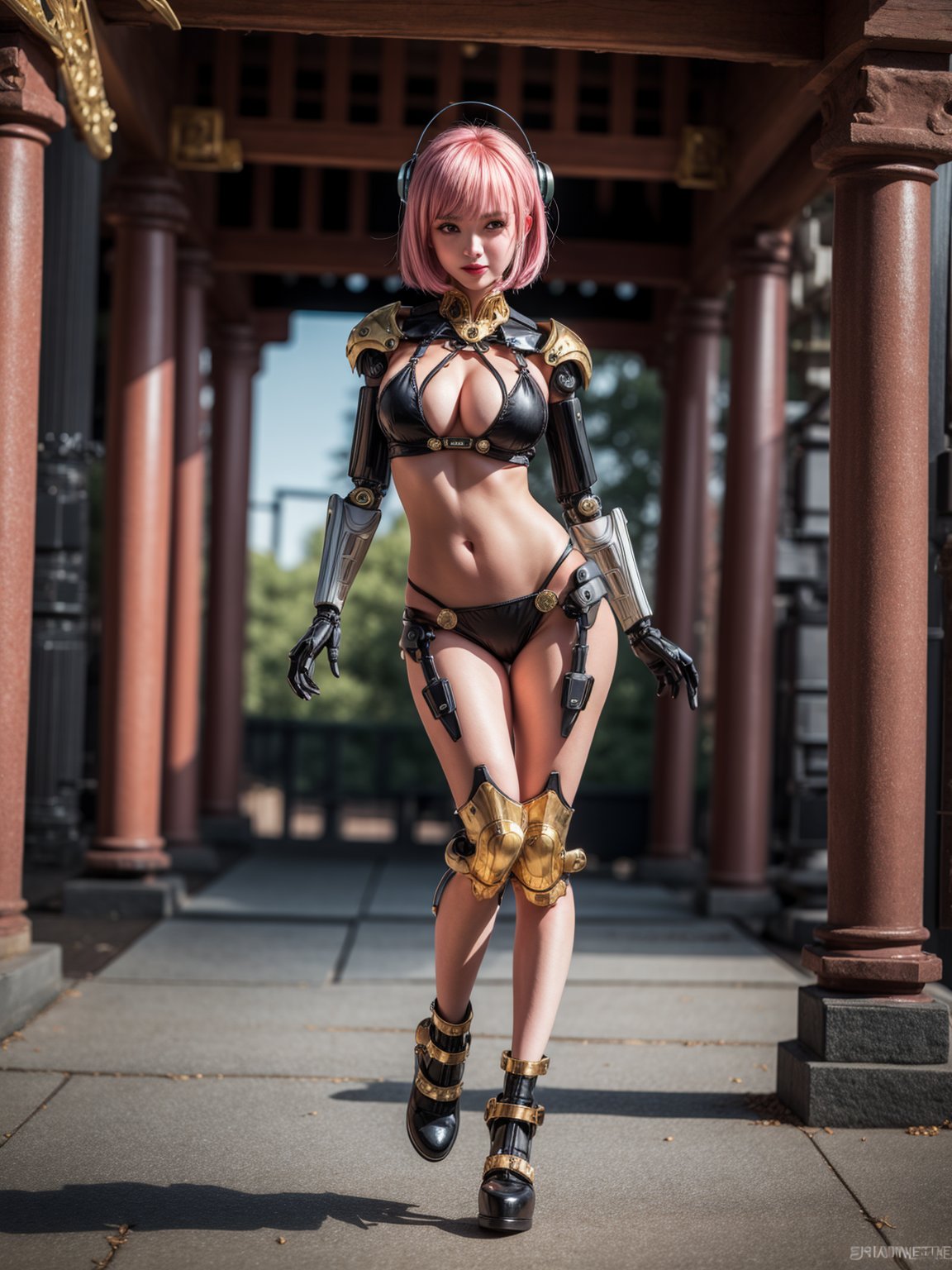 {((1woman skeleton))}, only she is {((worn black cybernetic armor with gold parts, extremely tight and short in body)), only she has ((very short pink hair, green eyes)), ( (very large breasts)), ((erotic pose)), only she is smiling and staring at the viewer, ((she is in a macabre temple, made of metal and stone, several robot guards, stone robots, various equipment futurists, bright light))}, ((full body):1.5), 16k, best quality, best resolution, best sharpness