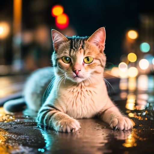 of a WET PUSSY cat laying on the ground,  ultra detailed fur,  night town by Ashborn#168 on Tensor.Art