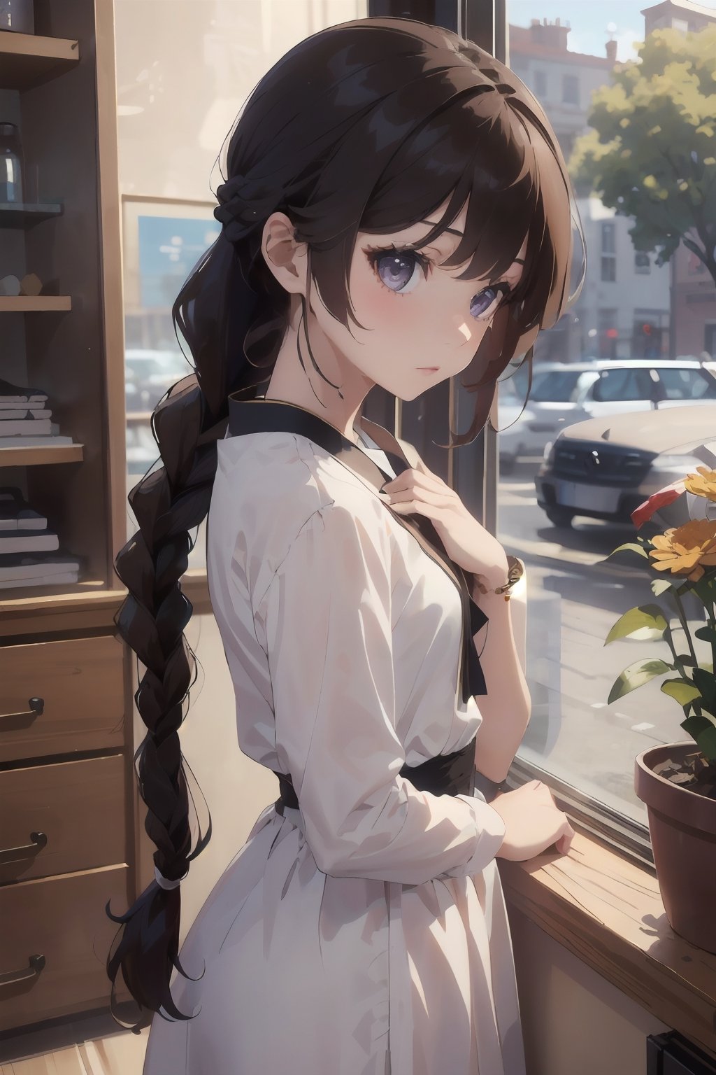 best quality, 1girl, (hair_stick:1.3), brown_hair,  kanzashi, ((long_braid, single_braid, braided_ponytail)), eyelashes, single braid, black_eyes, dark_eyes, nose, small_breasts, young, dress, nose_blush, hair_ornament