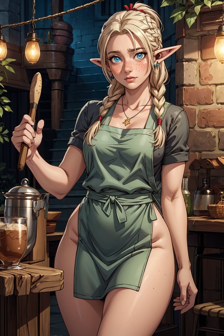 8k,HQ, (best quality, madly detailed CG unity 8k wallpaper,masterpiece,madly detailed photo:1.2), (realistic eyes:1.2),picture-perfect face, freckles, blush, elf, (perfect female body,thicc hips),slim, abs, hourglass body shape,(platinum blonde hair), braided ponytail, goddess, fantasy, breasts, dreamlike, charming, alluring, seductive, enchanting,makeup,(wearing only green apron), silver necklace, leaf earrings, trying to seduce, naked apron, downblouse, come hither, looking at viewer, solo,dmeshimarcil