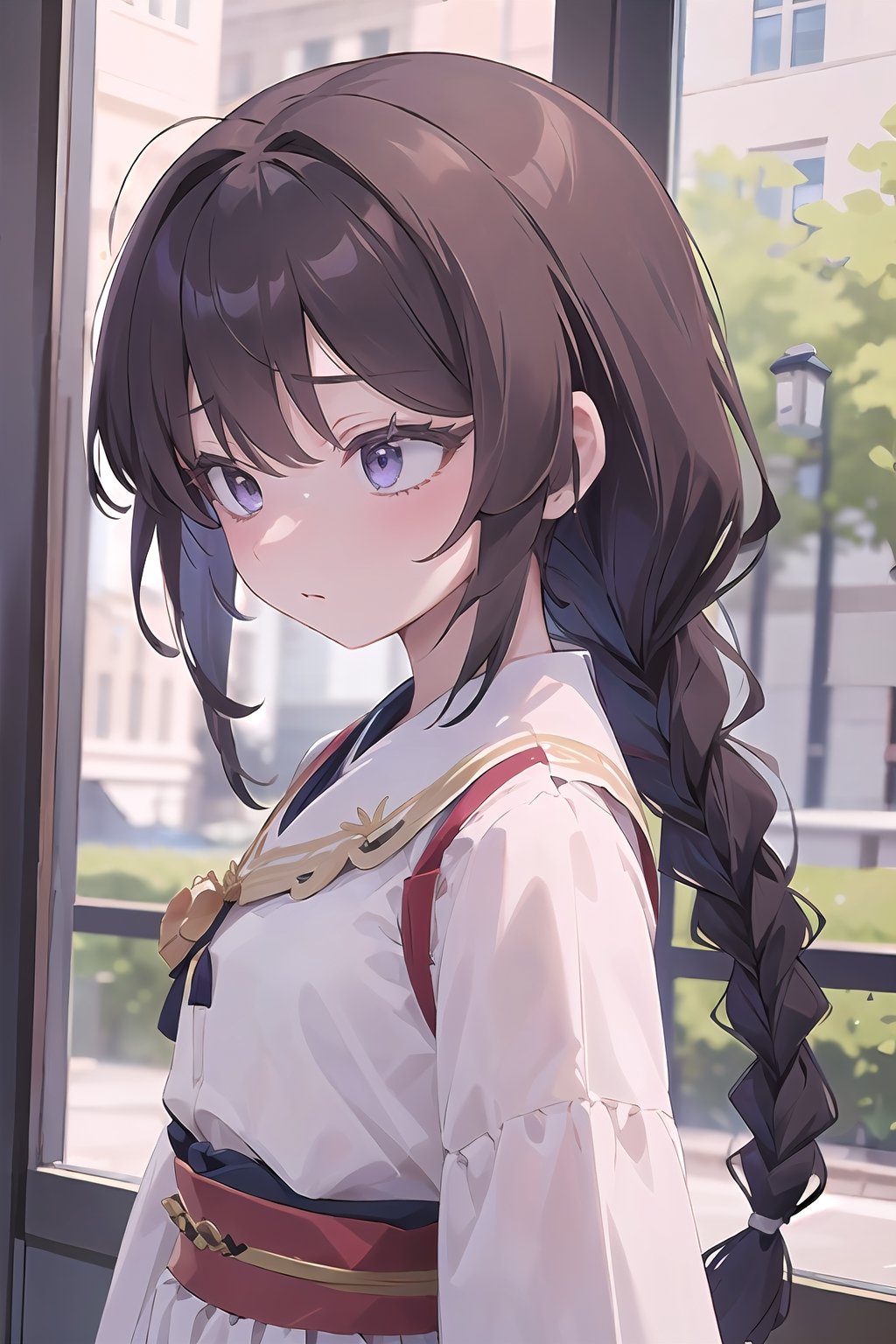 best quality, 1girl, brown_hair, hair_stick, kanzashi, ((long_braid, single_braid, braided_ponytail)), white eyelashes, single braid, COLORED EYELASHES, black_eyes, dark_eyes, nose,  small_breasts, young, dress, nose_blush, hair_ornament kanzashi 