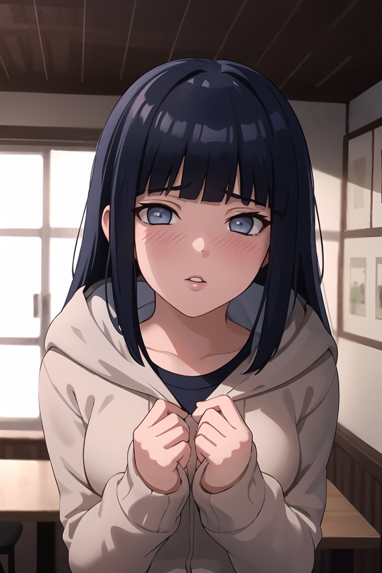 masterpiece, 1girl, (incoming_kiss), restaurant, close_up, hooded_cardigan, long_sleeves, beautiful, black_hair, empty_eyes, grey_eyes, indoors, perfect_eyes, cinematic lighting, hinata, atmospheric, blunt_bangs, blush, looking_at_viewer, pov kiss, kissing_viewer, hyuuga hinata, straight_hair, hime_cut