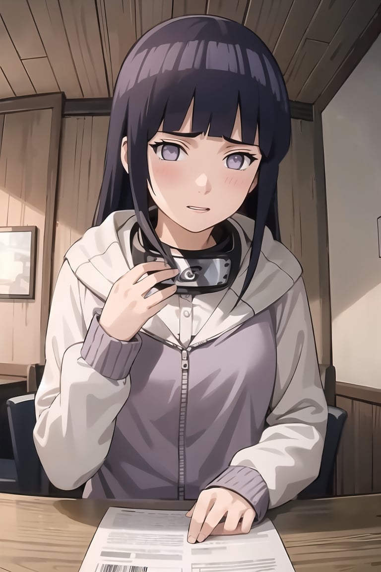 masterpiece, 1girl, (incoming_kiss), restaurant, close_up, hooded_cardigan, long_sleeves, beautiful, black_hair, grey_eyes, indoors, cinematic lighting, hinata, atmospheric, blunt_bangs, blush, looking_at_viewer, pov kiss, kissing_viewer, long_hair, hinata\(shippuden\), headband around neck, breasts