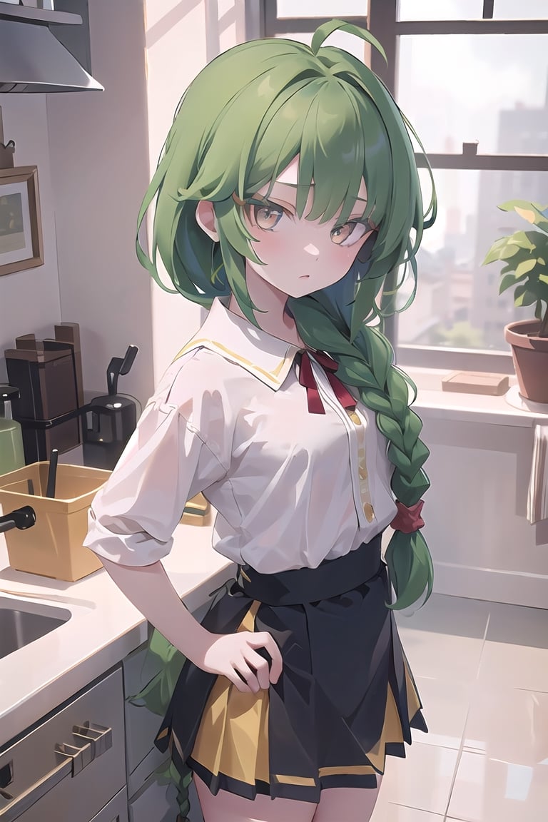 best quality, 1girl, green_hair, antenna_hair, ((long_braid, single_braid, braided_ponytail)), black_eyes, dark_eyes, red eyelashes, yellow_blouse, big detailed eyes, perfect eyes, small_breasts, yellow skirt, young, single braid, red_scrunchie 