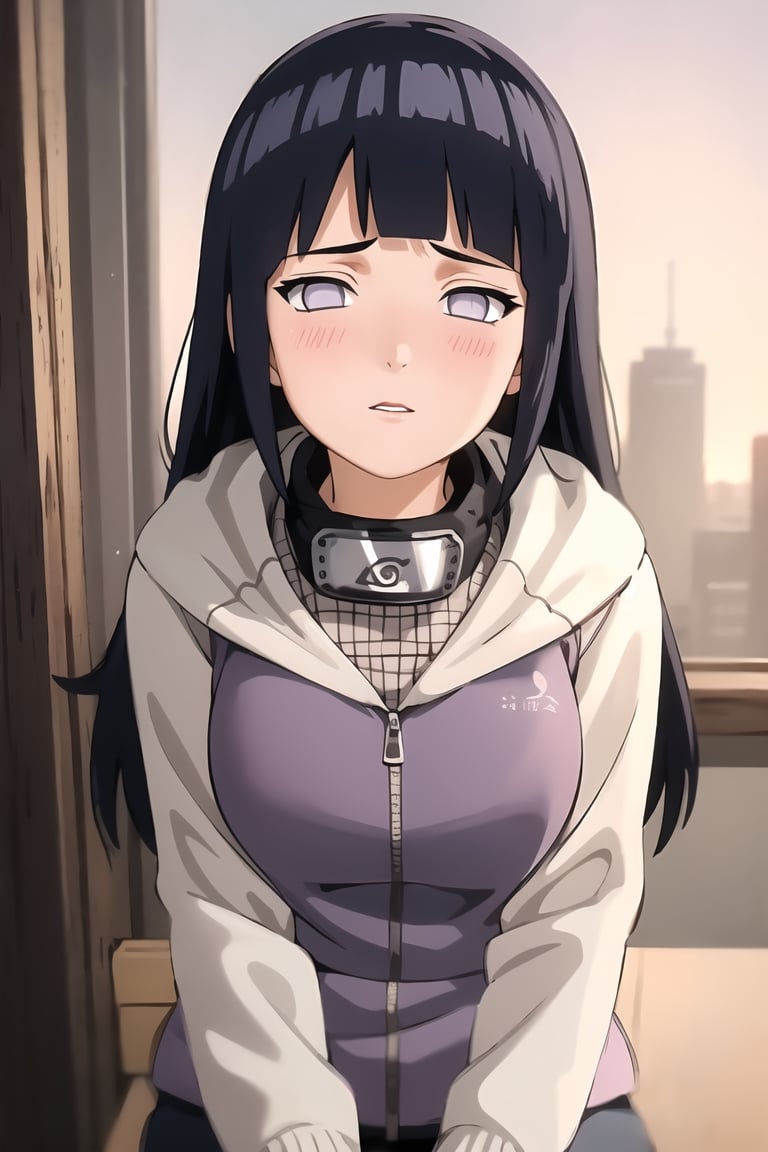 masterpiece, 1girl, (incoming_kiss), restaurant, close_up, hooded_cardigan, long_sleeves, beautiful, black_hair, empty_eyes, grey_eyes, indoors, perfect_eyes, cinematic lighting, hinata, atmospheric, blunt_bangs, blush, looking_at_viewer, pov kiss, kissing_viewer, long_hair, hinata\(shippuden\), headband around neck, breasts