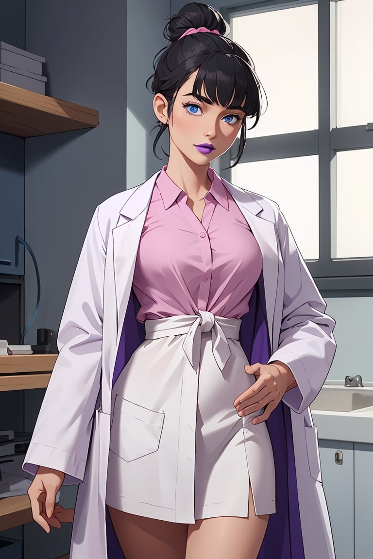 mature woman, 1girl, single hair bun, tied hair, black hair, blue eyes, swept bangs, doctor, lab coat white coat, pink shirt, solo, standing, purple lipstick