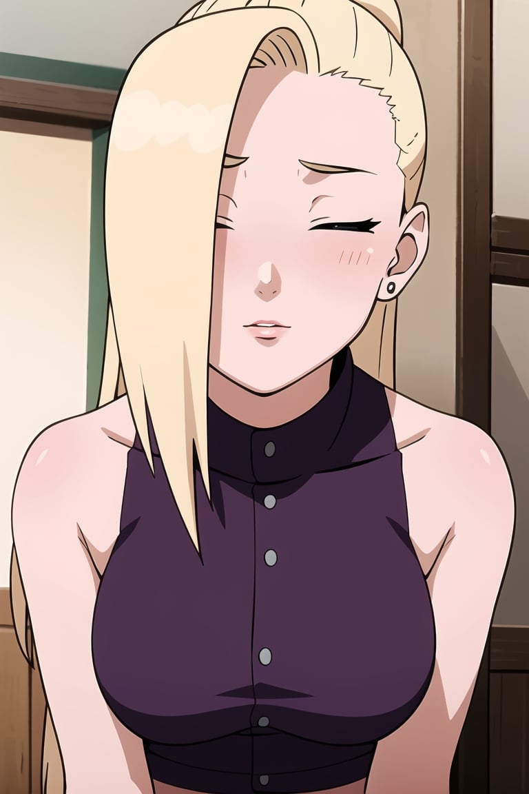 masterpiece, 1girl, (incoming_kiss),  pov kiss, restaurant, close_up, naughty_face, purple crop_top, beautiful, blonde_hair, closed_eyes, medium_breasts, indoors, cinematic lighting, yamanaka ino, atmospheric, ponytail, assertive_female, looking_at_viewer, one_eye_behind_hair, sleeveless, kissing_viewer,