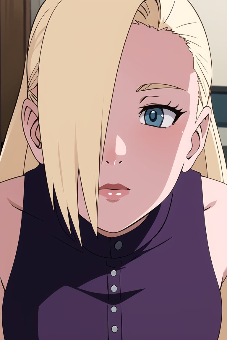 masterpiece, 1girl, (incoming_kiss),  pov kiss, restaurant, close_up, naughty_face, purple crop_top, beautiful, blonde_hair, blue_eyes, medium_breasts, indoors, perfect_eyes, cinematic lighting, yamanaka ino, atmospheric, ponytail, assertive_female, looking_at_viewer, one_eye_behind_hair, sleeveless, kissing_viewer,