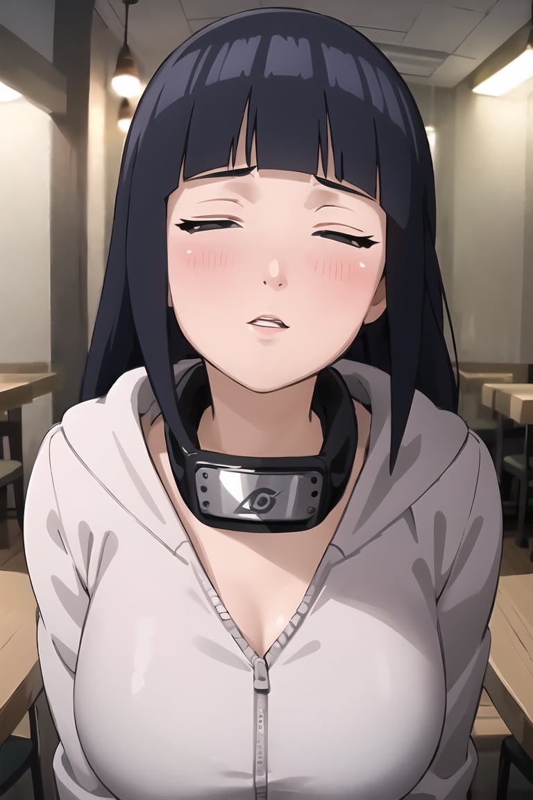 masterpiece, 1girl, (incoming_kiss), restaurant, close_up, hooded_cardigan, long_sleeves, beautiful, black_hair, grey_eyes, indoors, cinematic lighting, hinata, atmospheric, blunt_bangs, blush, looking_at_viewer, pov kiss, kissing_viewer, long_hair, hinata\(shippuden\), headband around neck, breasts