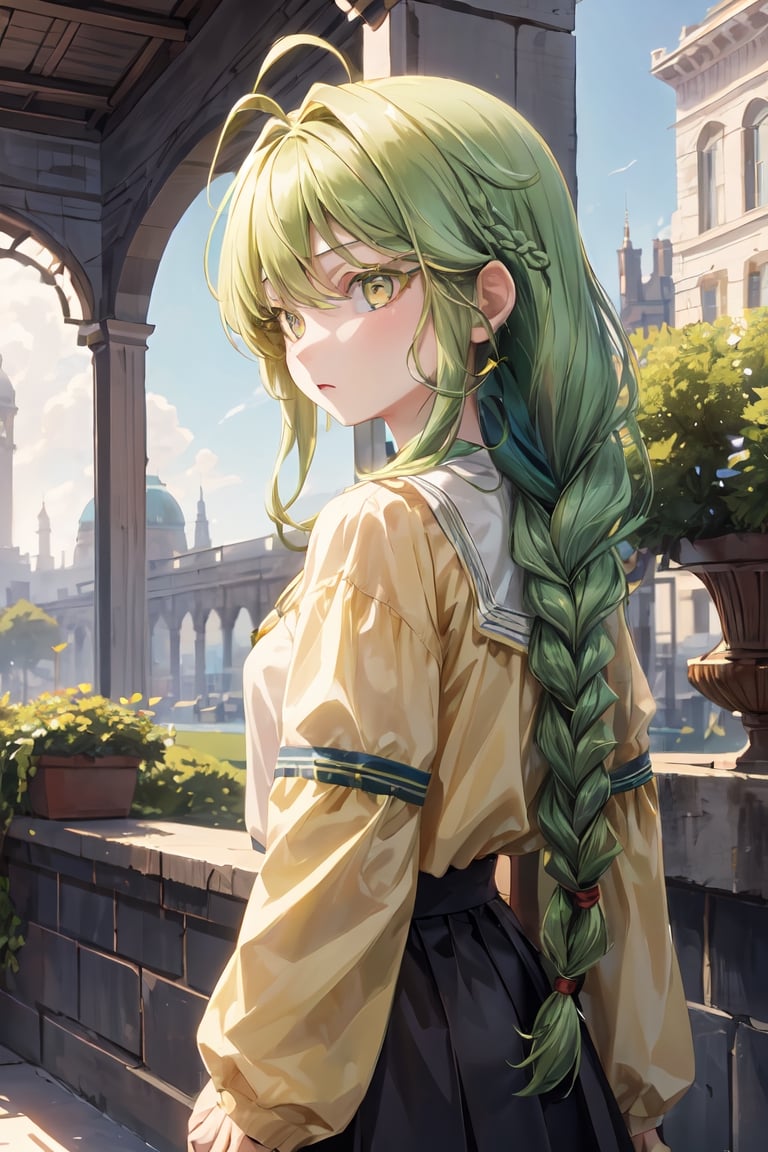 best quality, 1girl, green_hair, ((long_braid, single_braid, braided_ponytail)), antenna_hair red_hair, black_eyes, big detailed eyes, perfect eyes, small_breasts, young, yellow skirt, yellow eyelashes, long hair, yellow shirt,single braid, 