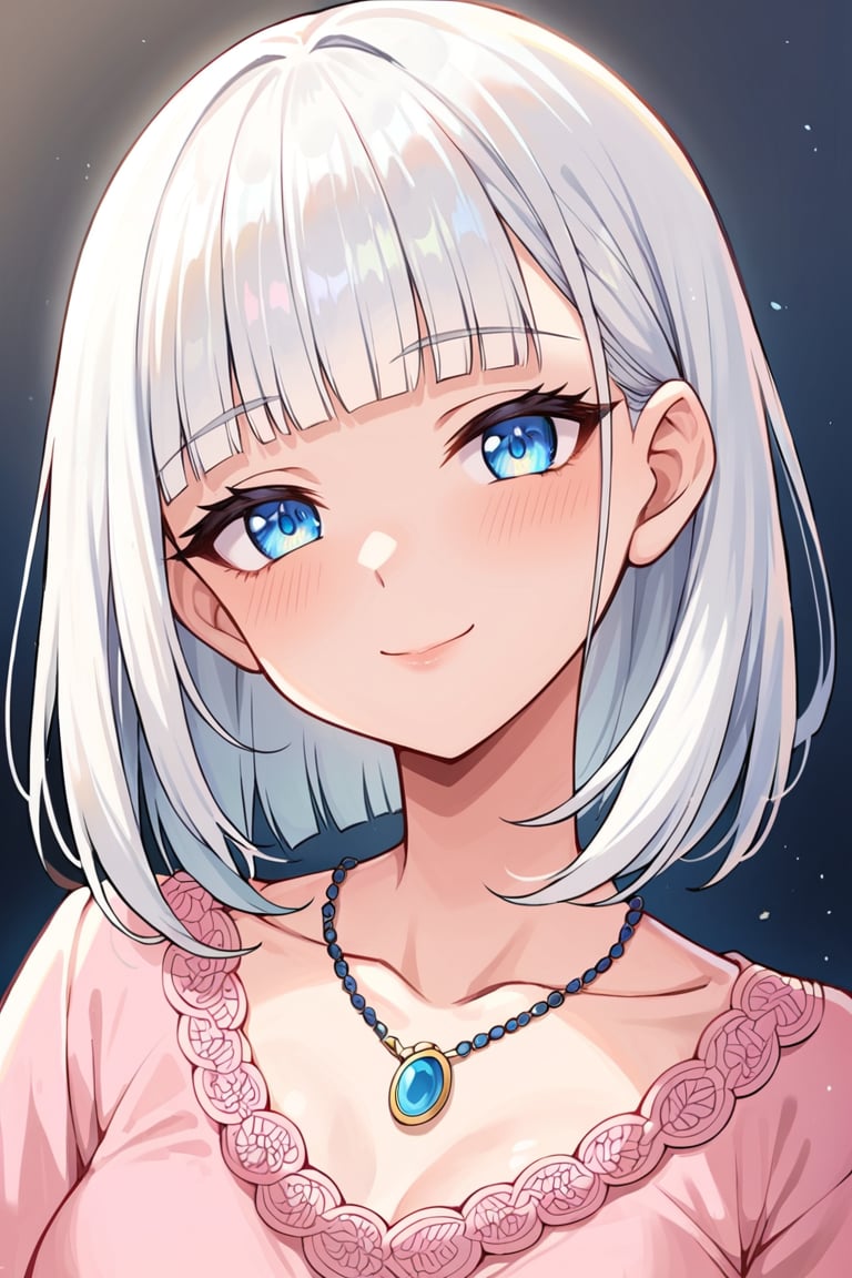 Score_9, Score_8_up, Score_7_up, Score_6_up, source_anime, best quality, 1girl, white hair, blunt ends, blunt bangs, medium hair, bobcut, beautiful detailed eyes, blue eyes, beautiful face, gentle smile, closed mouth, head tilt, pink clothes, necklace, soft light, upperbody, blush, masterpiece, gradient_hair,