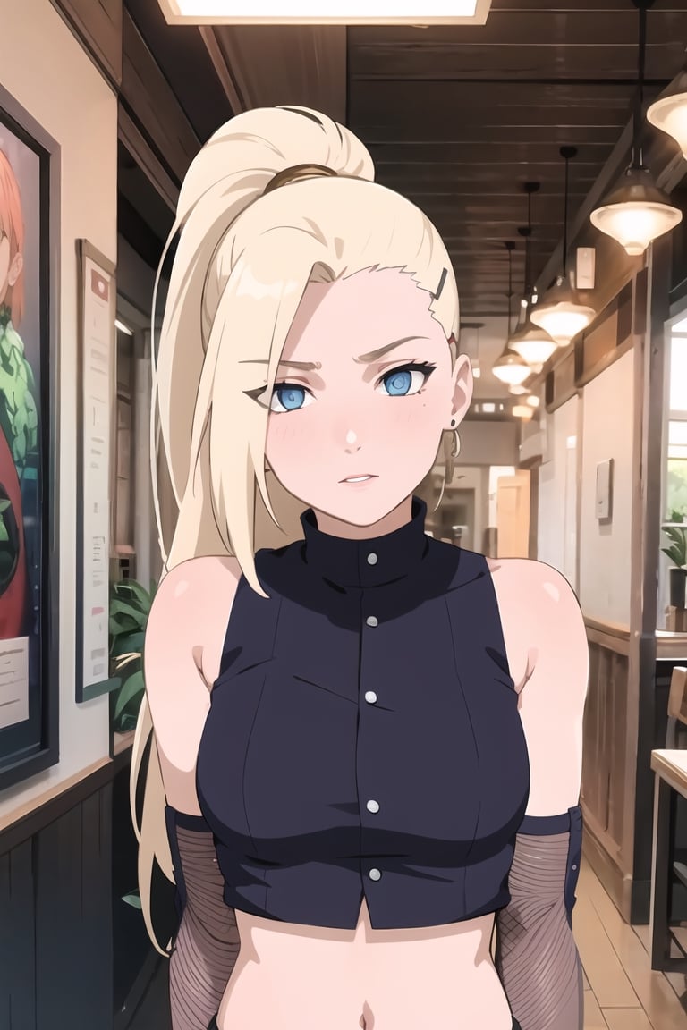 masterpiece, 1girl, (incoming_kiss), restaurant, upper_body, naughty_face, purple crop_top, beautiful, blonde_hair, blue_eyes, medium_breasts, indoors, perfect_eyes, cinematic lighting, yamanaka ino, atmospheric, ponytail, assertive_female, looking_at_viewer, sleeveless, pov kiss,