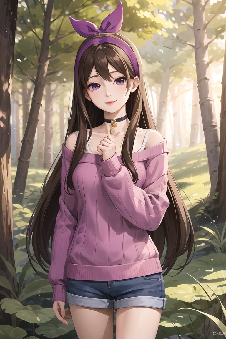 mabel pines, (masterpiece), (best_quality), sweater, cute, 1girl,  cable_knit, aran_sweater, blue_sweater, purple_sweater, standing, brown_hair, hairband, black_eyes,star print, smile, very_long_hair, solo, purple_hairband, choker, denim, cowboy_shot, ribbed_sweater, Mabel Pines, outdoors, forest