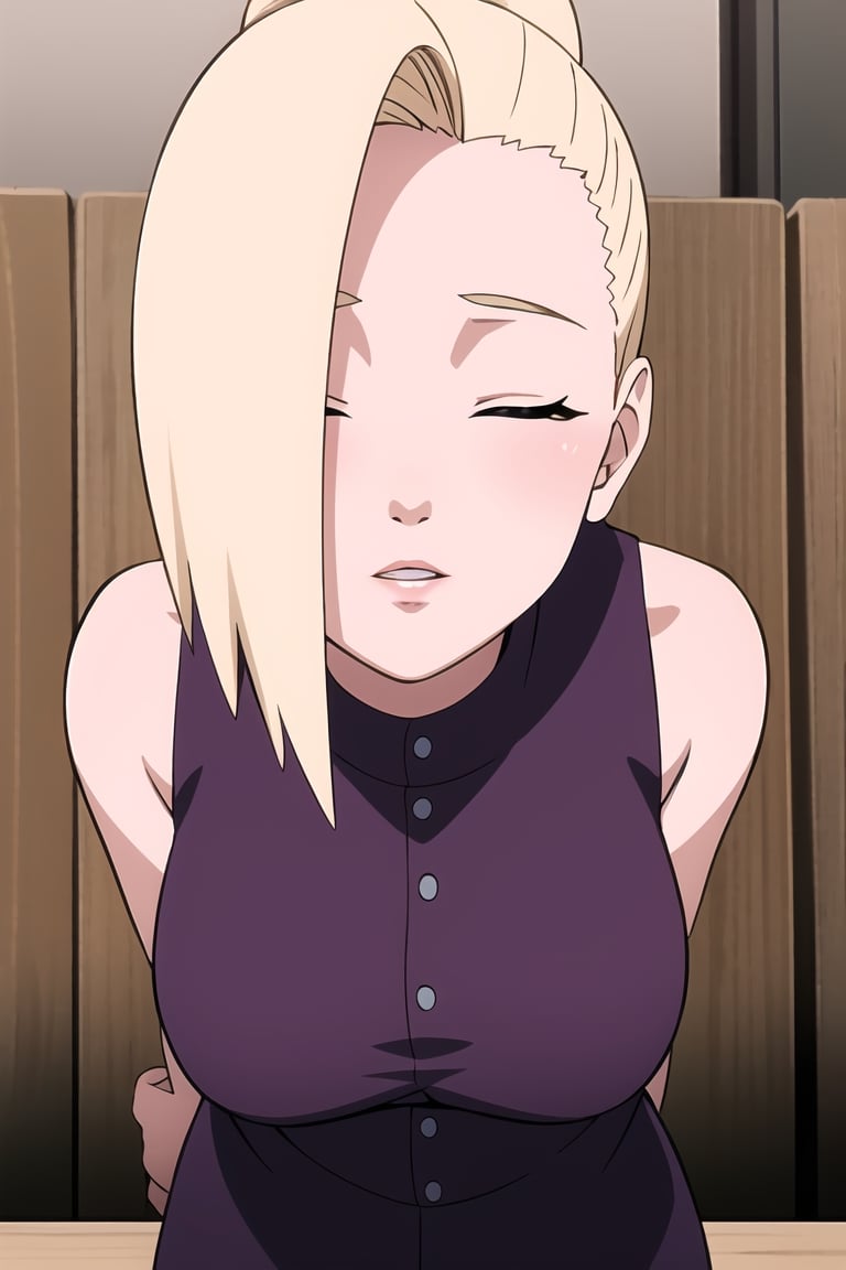 masterpiece, 1girl, (incoming_kiss),  pov kiss, restaurant, close_up, naughty_face, purple crop_top, beautiful, blonde_hair, closed_eyes, medium_breasts, indoors, cinematic lighting, yamanaka ino, atmospheric, ponytail, assertive_female, looking_at_viewer, sleeveless, kissing_viewer,