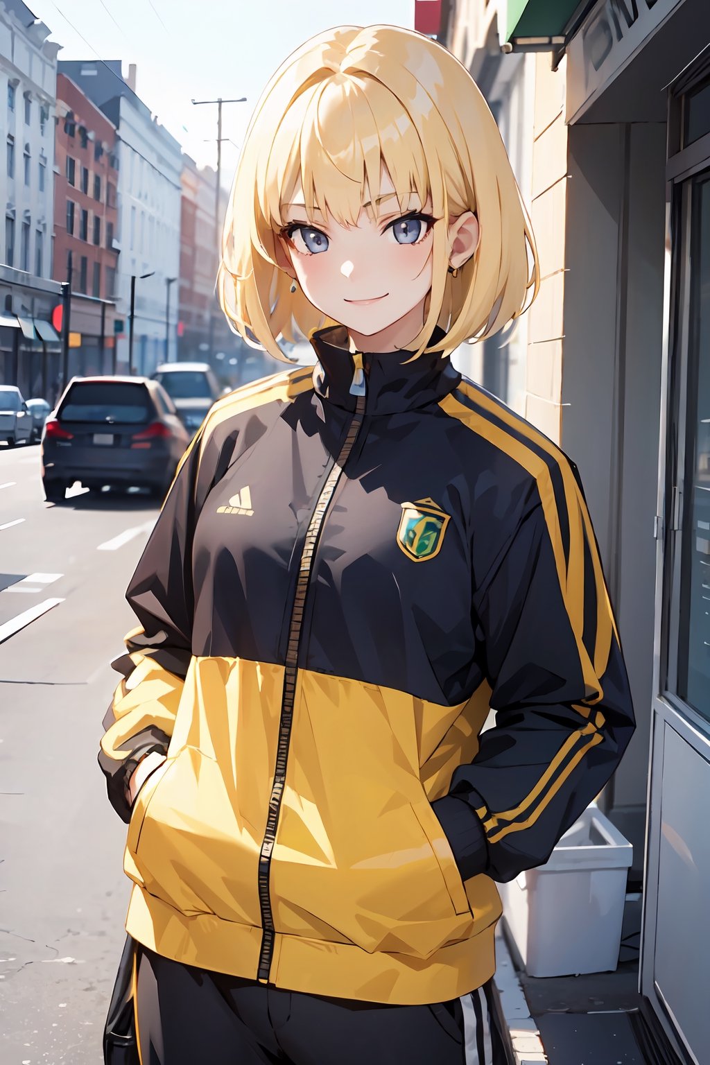 best quality, 1girl, blonde_hair, helmet, bob_cut, black_eyes, evil_smile, tracksuit, jacket, open_track_jacket, yellow_clothes