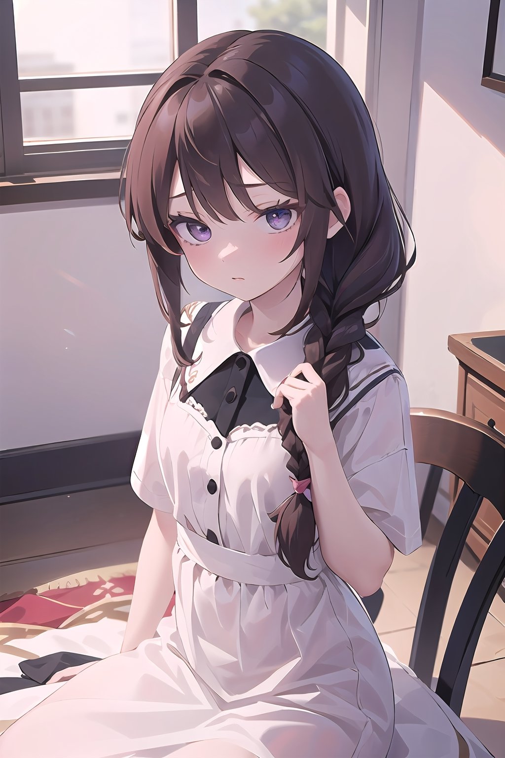 best quality, 1girl, brown_hair, hair_stick, kanzashi, ((long_braid, single_braid, braided_ponytail)), white eyelashes, single braid, COLORED EYELASHES, black_eyes, dark_eyes, nose,  small_breasts, young, dress, nose_blush