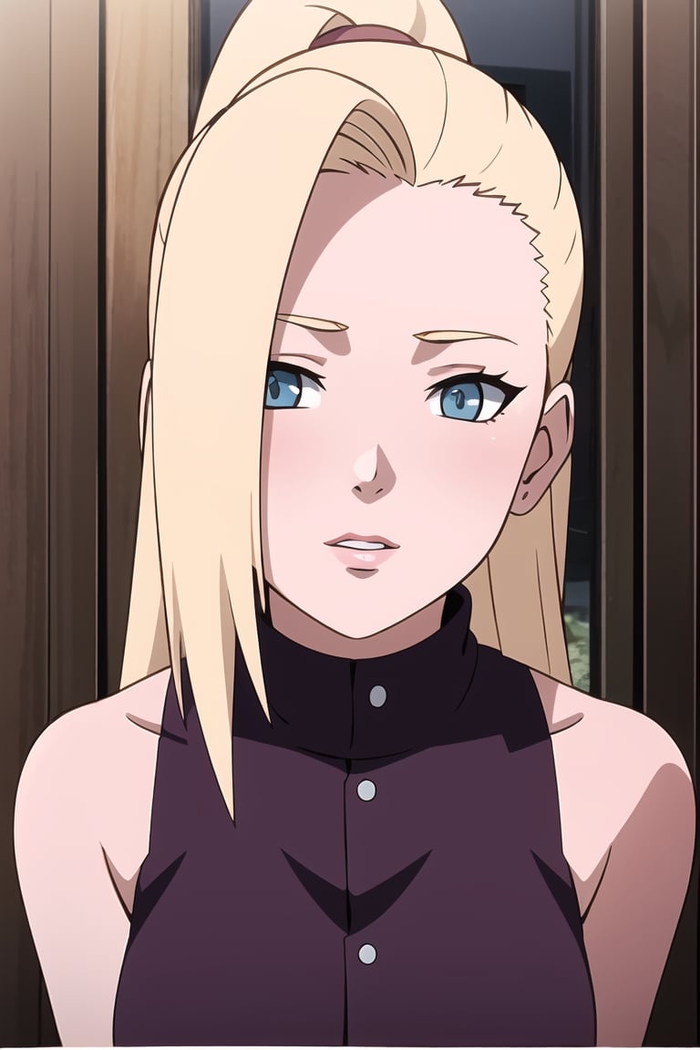 masterpiece, 1girl, (incoming_kiss),  pov kiss, restaurant, upper_body, naughty_face, purple crop_top, beautiful, blonde_hair, blue_eyes, medium_breasts, indoors, perfect_eyes, cinematic lighting, yamanaka ino, atmospheric, ponytail, assertive_female, looking_at_viewer, one_eye_behind_hair, sleeveless, kissing_viewer,