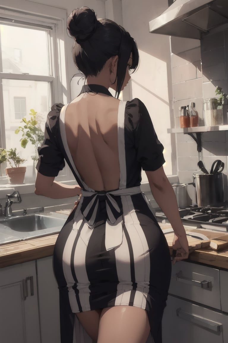 masterpiece, best quality, milf, 1girl, black_hair, mature_female, (from_behind, facing_away), (striped_dress, long_dress), indoors, pantylines, single_hair_bun, striped, from_behind facing_away, apron from_behind, curvy