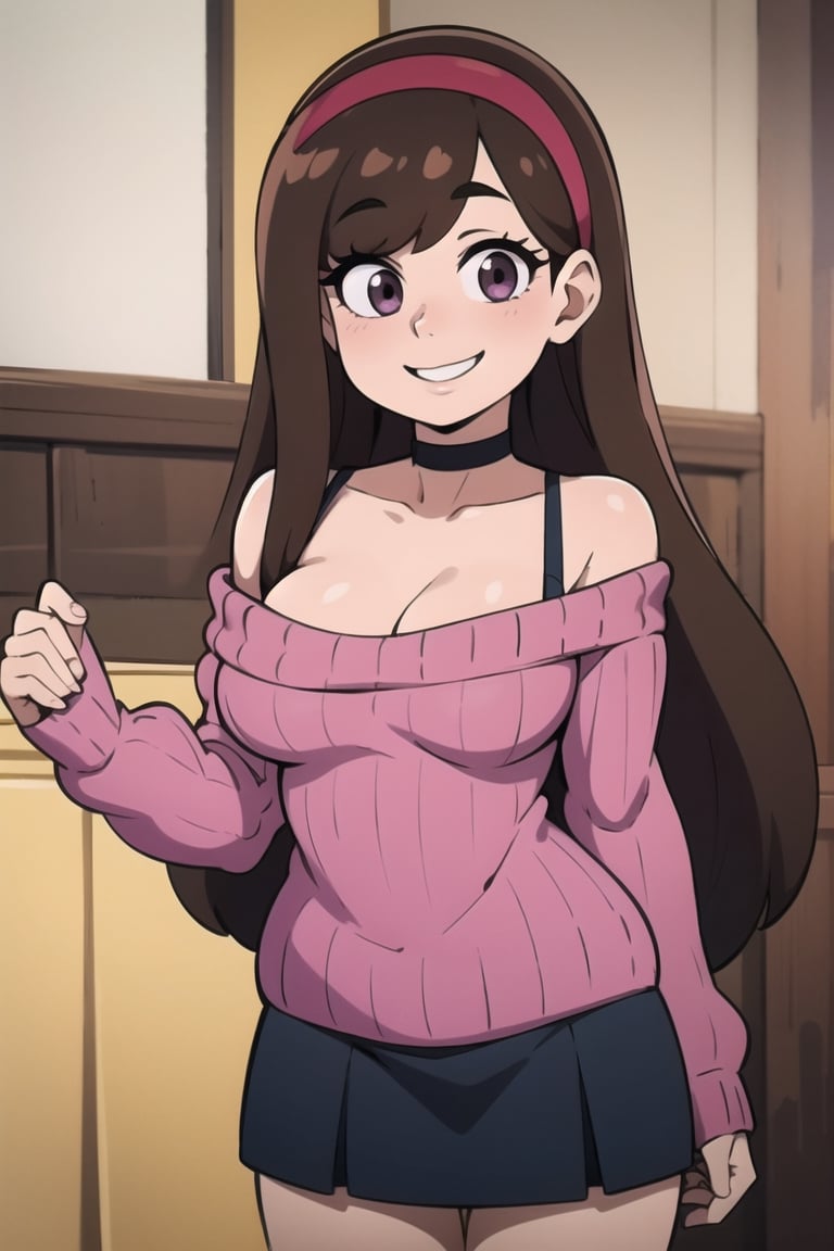 mabel pines, (masterpiece), (best_quality), off-shoulder_sweater, cute, 1girl, bare_shoulders, cable_knit, aran_sweater, pink_sweater, purple_sweater, standing, brown_hair, red_hairband, black_eyes, smile, very_long_hair, solo, hairband, heart_choker, purple_skirt, collarbone, cowboy_shot, bra_strap, ribbed_sweater, Mabel Pines, indoors