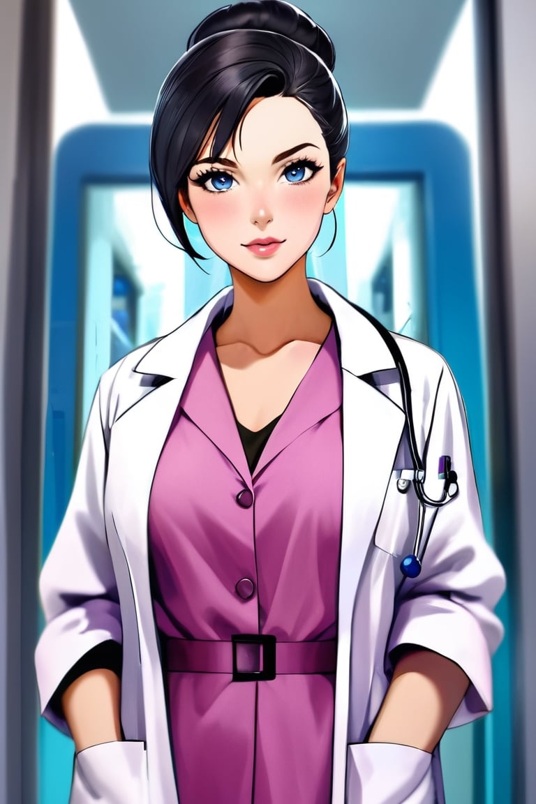 mature woman, 1girl, single hair bun, black hair, blue eyes, swept bangs, doctor, lab coat white coat, pink shirt, solo, standing, purple lipstick, grey pants