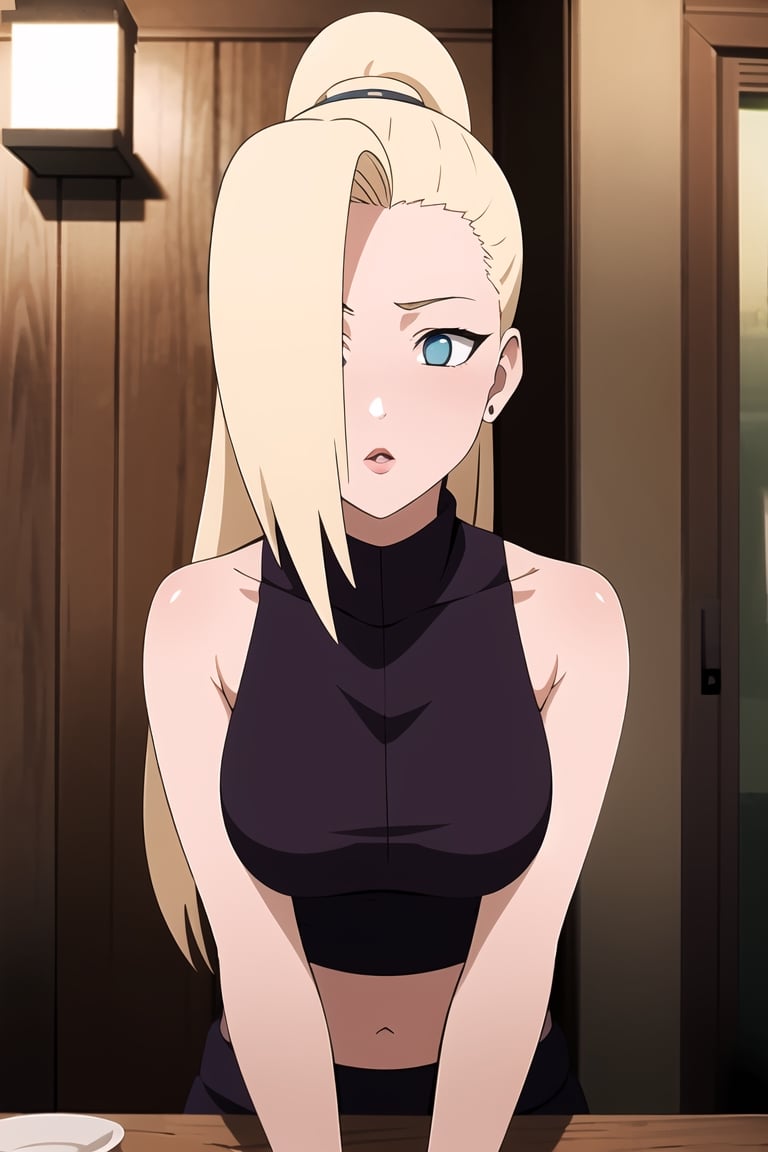 masterpiece, 1girl, (incoming_kiss),  pov kiss, restaurant, upper_body, naughty_face, purple crop_top, beautiful, blonde_hair, blue_eyes, medium_breasts, indoors, perfect_eyes, cinematic lighting, yamanaka ino, atmospheric, ponytail, assertive_female, looking_at_viewer, one_eye_behind_hair, sleeveless, kissing_viewer, imkiss