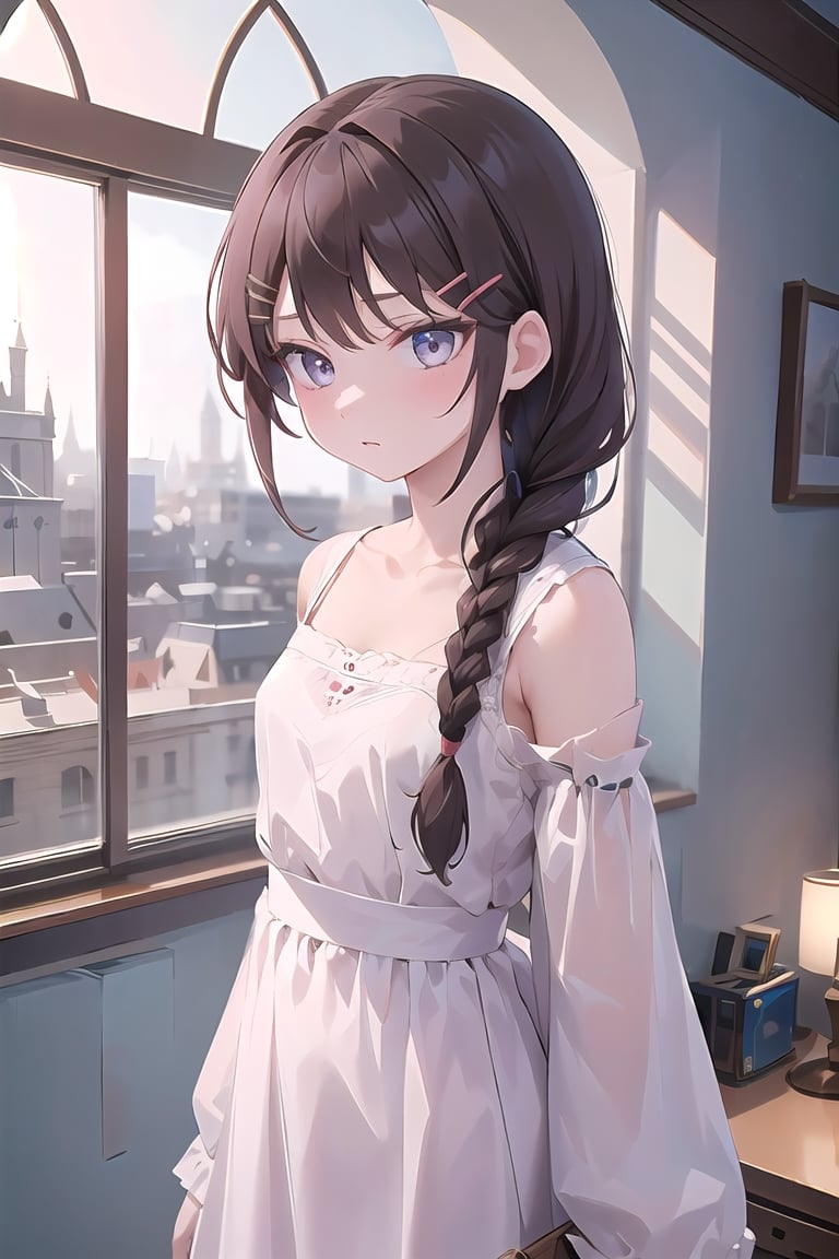 best quality, 1girl, brown_hair, white_hairclip, ((long_braid, single_braid, braided_ponytail)), black_eyes, dark_eyes, small_breasts, young, dress, white eyelashes, single braid, 