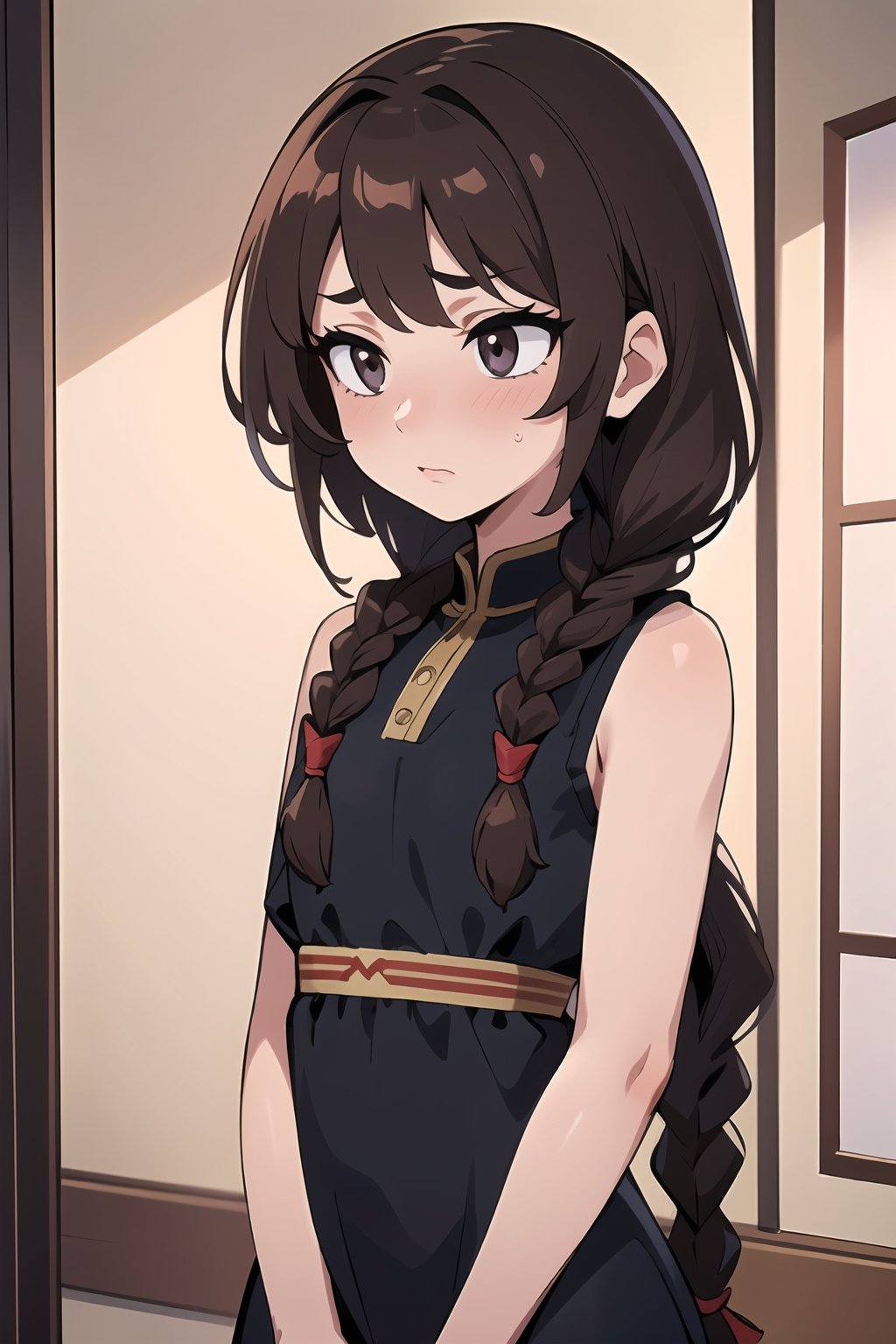 best quality, 1girl, (hair_stick:1.3), brown_hair,  kanzashi, ((long_braid, single_braid, braided_ponytail)), eyelashes, single braid, black_eyes, dark_eyes, nose, small_breasts, young, dress, nose_blush, hair_ornament