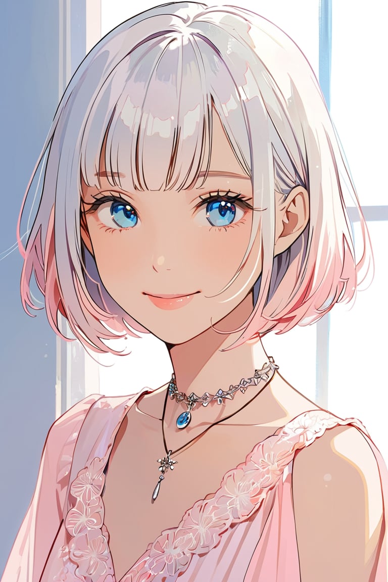 aestetic, best quality, 1girl, white hair, blunt ends, blunt bangs, medium hair, bobcut, beautiful detailed eyes, blue eyes, beautiful face, gentle smile, closed mouth, head tilt, pink clothes, necklace, soft light, upperbody, blush, masterpiece, gradient_hair,