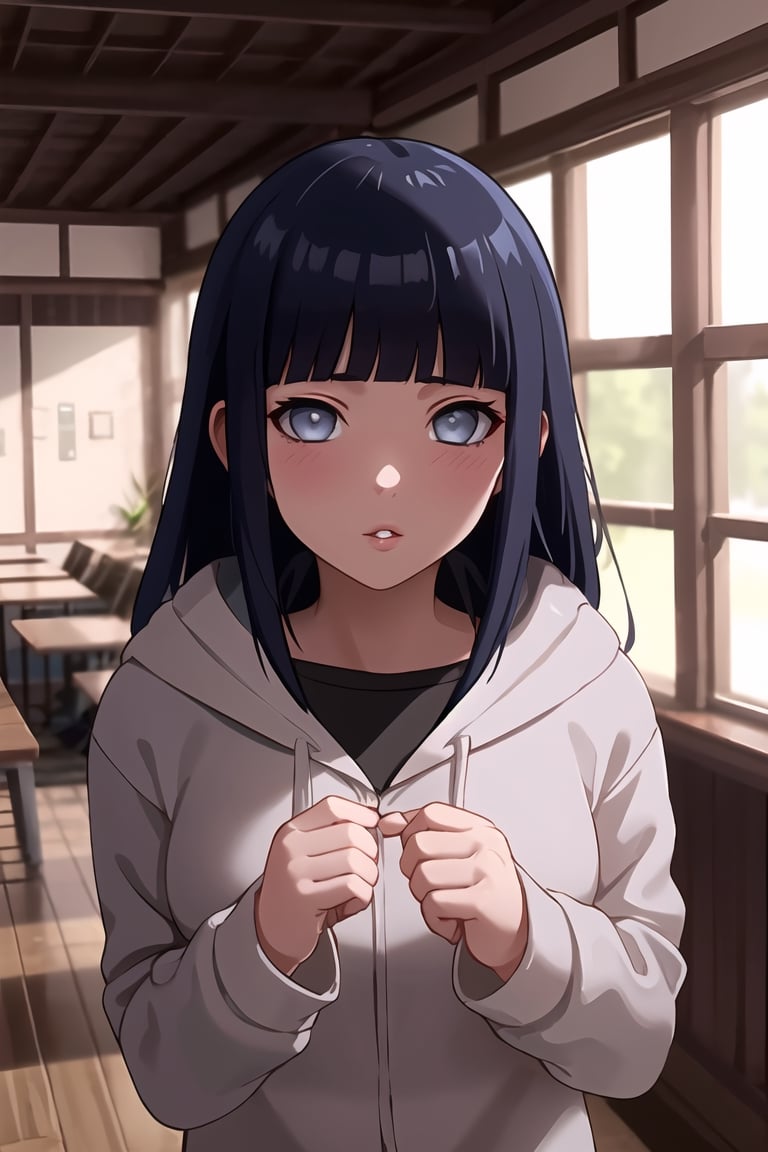 masterpiece, 1girl, (incoming_kiss), restaurant, close_up, hooded_cardigan, long_sleeves, beautiful, black_hair, empty_eyes, grey_eyes, indoors, perfect_eyes, cinematic lighting, hinata, atmospheric, blunt_bangs, blush, looking_at_viewer, pov kiss, kissing_viewer, hyuuga hinata, straight_hair,hime_cut