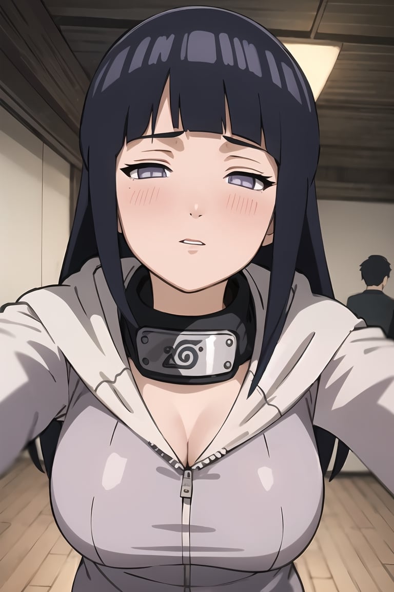 masterpiece, 1girl, (incoming_kiss), restaurant, close_up, hooded_cardigan, long_sleeves, beautiful, black_hair, grey_eyes, indoors, cinematic lighting, hinata, atmospheric, blunt_bangs, blush, looking_at_viewer, pov kiss, kissing_viewer, long_hair, hinata\(shippuden\), headband around neck, breasts