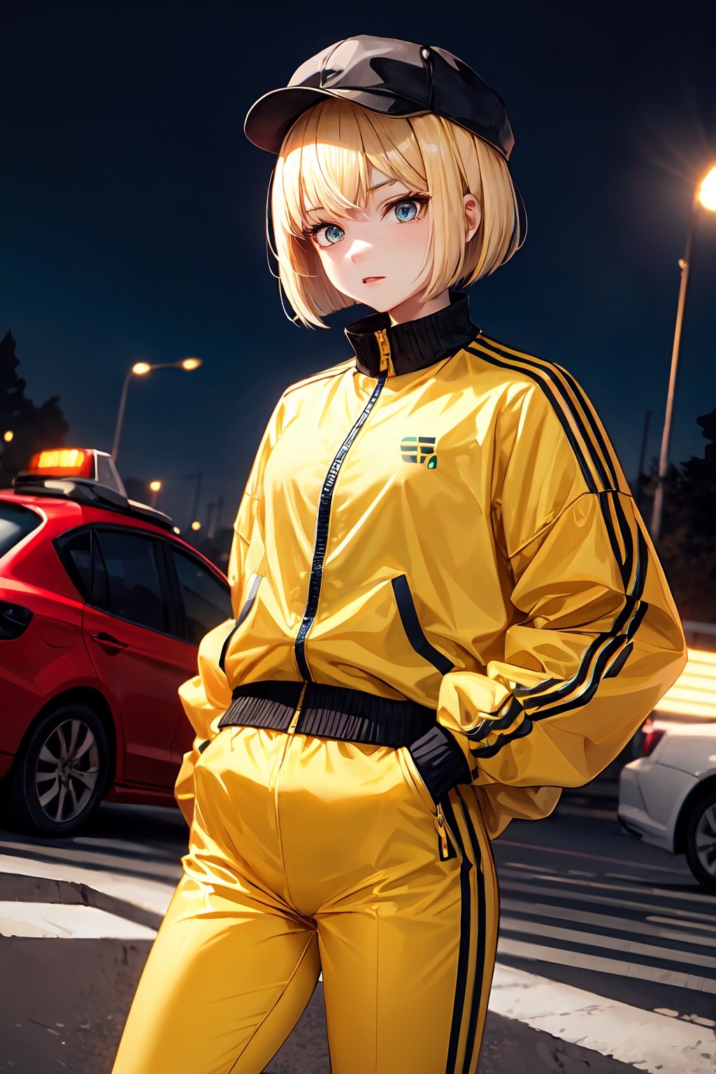 best quality, 1girl, blonde_hair, cabbie_hat, yellow_headwear, bob_cut, black_eyes, evil, tracksuit, jacket, yellow_clothes, track_pants, solo, nature, night