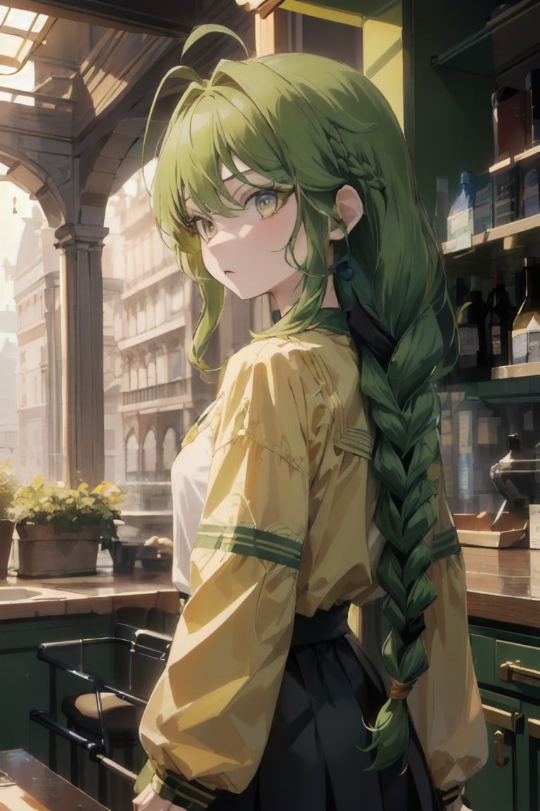 best quality, 1girl, two-tone_hair green_hair, antenna_hair red_hair, ((long_braid, single_braid, braided_ponytail)), black_eyes, dark_eyes, big detailed eyes, perfect eyes, small_breasts, young, yellow skirt, yellow eyelashes, yellow shirt, single braid, 