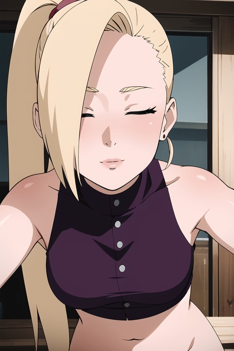 masterpiece, 1girl, (incoming_kiss),  pov kiss, restaurant, close_up, naughty_face, purple crop_top, beautiful, blonde_hair, closed_eyes, medium_breasts, indoors, cinematic lighting, yamanaka ino, atmospheric, ponytail, assertive_female, looking_at_viewer, sleeveless, kissing_viewer,