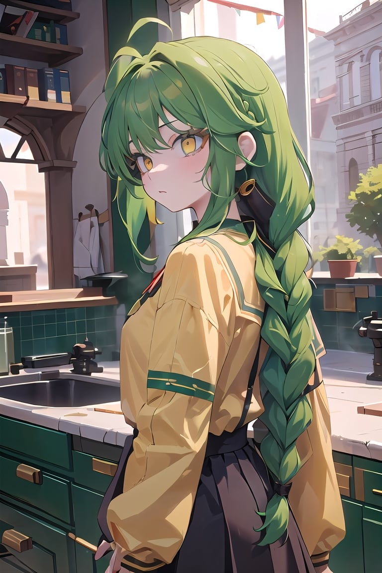 best quality, 1girl, two-tone_hair green_hair, antenna_hair red_hair, ((long_braid, single_braid, braided_ponytail)), black_eyes, dark_eyes, big detailed eyes, perfect eyes, small_breasts, young, yellow skirt, red eyelashes, yellow shirt, single braid, 