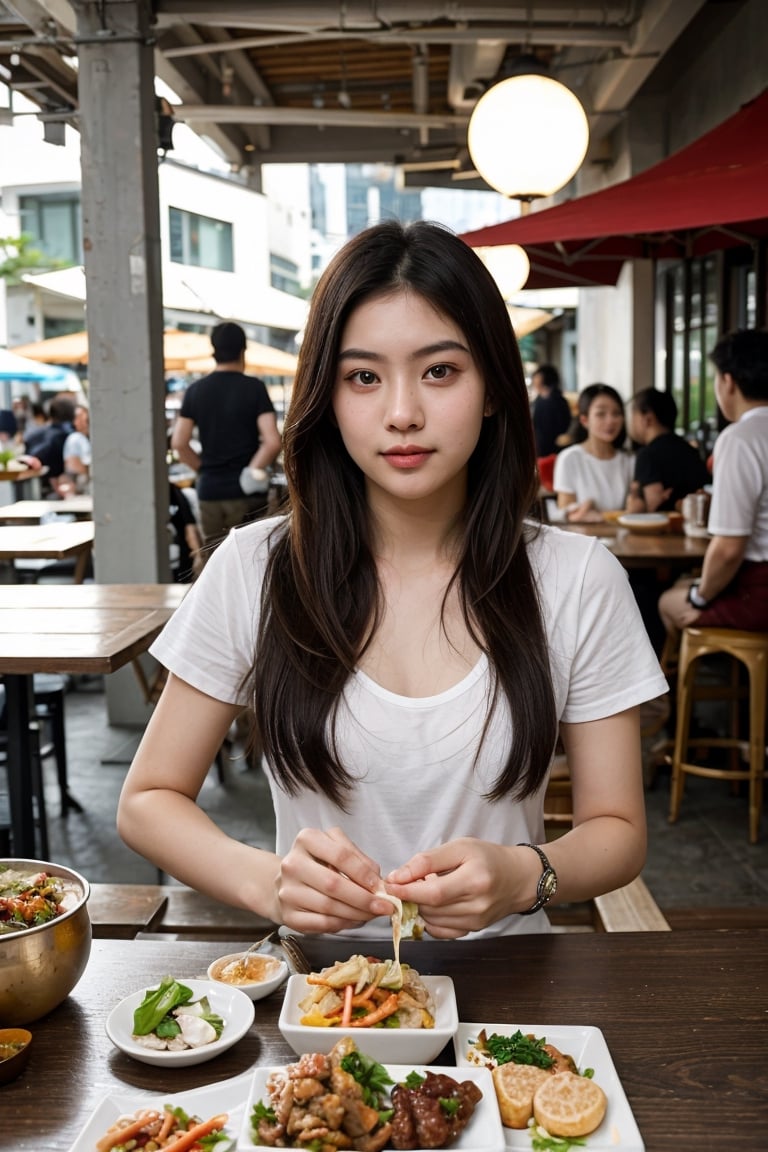 (8K, Ultra high res:1.1) Nguyen, an 18-year-old Vietnamese girl, embarks on a dynamic street food adventure. She indulges in a variety of delicious Vietnamese dishes while wearing a casual yet stylish outfit. Nguyen's captivating brown eyes, flawless complexion, and long black hair are highlighted in the high-resolution image. The vibrant street food stalls and the mouthwatering aroma of Vietnamese cuisine add to the energetic atmosphere, capturing Nguyen's love for culinary exploration and her youthful appetite for new experiences.