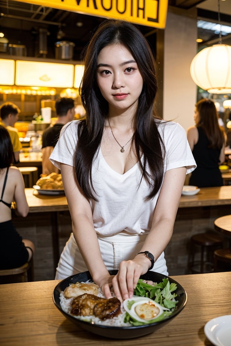 (8K, Ultra high res:1.1) Nguyen, an 18-year-old Vietnamese girl, embarks on a dynamic street food adventure. She indulges in a variety of delicious Vietnamese dishes while wearing a casual yet stylish outfit. Nguyen's captivating brown eyes, flawless complexion, and long black hair are highlighted in the high-resolution image. The vibrant street food stalls and the mouthwatering aroma of Vietnamese cuisine add to the energetic atmosphere, capturing Nguyen's love for culinary exploration and her youthful appetite for new experiences.