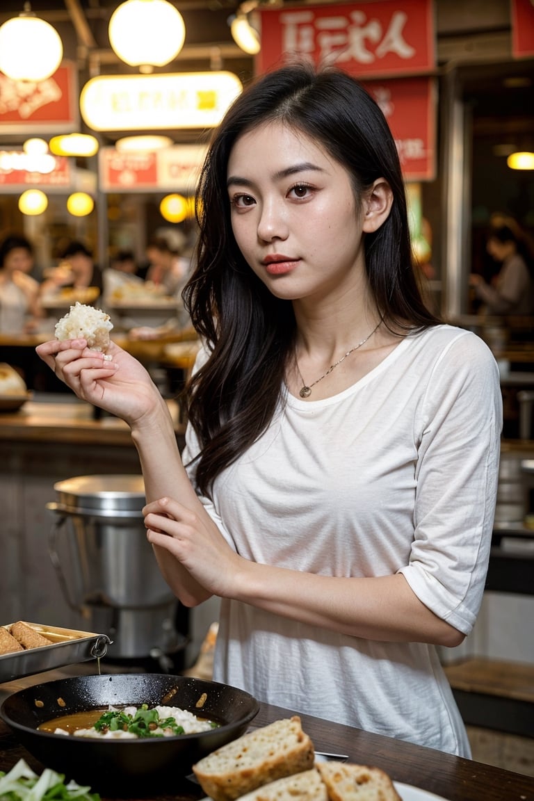 (8K, Ultra high res:1.1) Nguyen, an 18-year-old Vietnamese girl, embarks on a dynamic street food adventure. She indulges in a variety of delicious Vietnamese dishes while wearing a casual yet stylish outfit. Nguyen's captivating brown eyes, flawless complexion, and long black hair are highlighted in the high-resolution image. The vibrant street food stalls and the mouthwatering aroma of Vietnamese cuisine add to the energetic atmosphere, capturing Nguyen's love for culinary exploration and her youthful appetite for new experiences.