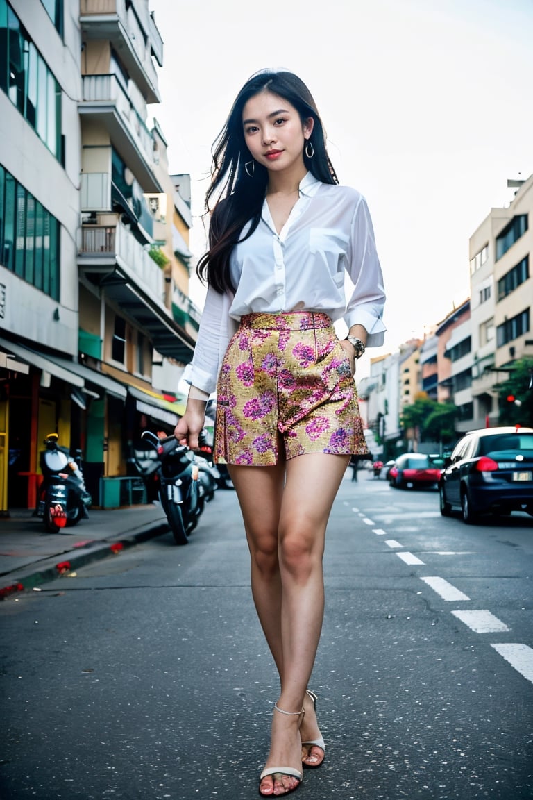 (8K, Ultra high res:1.1) Nguyen, an 18-year-old vibrant Vietnamese girl, exudes youthful charm in a modern Vietnamese-inspired outfit. She wears a stylish áo dài with contemporary patterns and designs, showcasing her fashion-forward sense. The high-resolution image captures ultra-detailed realism, highlighting Nguyen's captivating brown eyes, flawless complexion, and long black hair. The urban backdrop with its colorful street art and bustling cityscape adds a touch of youthful energy, creating a visually captivating representation of Nguyen's modern Vietnamese style.