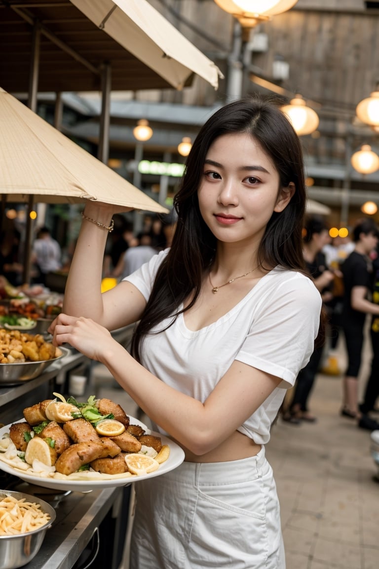 (8K, Ultra high res:1.1) Nguyen, an 18-year-old Vietnamese girl, embarks on a dynamic street food adventure. She indulges in a variety of delicious Vietnamese dishes while wearing a casual yet stylish outfit. Nguyen's captivating brown eyes, flawless complexion, and long black hair are highlighted in the high-resolution image. The vibrant street food stalls and the mouthwatering aroma of Vietnamese cuisine add to the energetic atmosphere, capturing Nguyen's love for culinary exploration and her youthful appetite for new experiences.