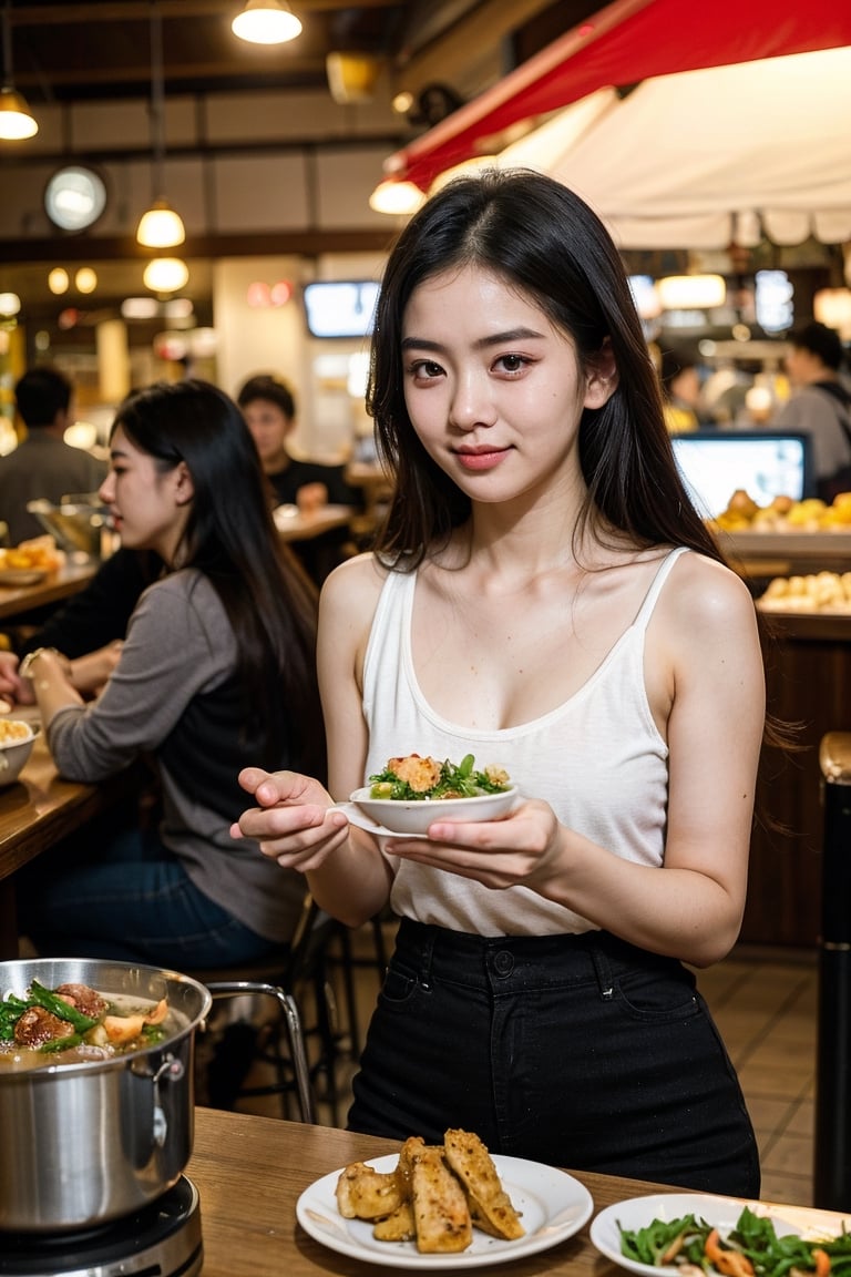 (8K, Ultra high res:1.1) Nguyen, an 18-year-old Vietnamese girl, embarks on a dynamic street food adventure. She indulges in a variety of delicious Vietnamese dishes while wearing a casual yet stylish outfit. Nguyen's captivating brown eyes, flawless complexion, and long black hair are highlighted in the high-resolution image. The vibrant street food stalls and the mouthwatering aroma of Vietnamese cuisine add to the energetic atmosphere, capturing Nguyen's love for culinary exploration and her youthful appetite for new experiences.