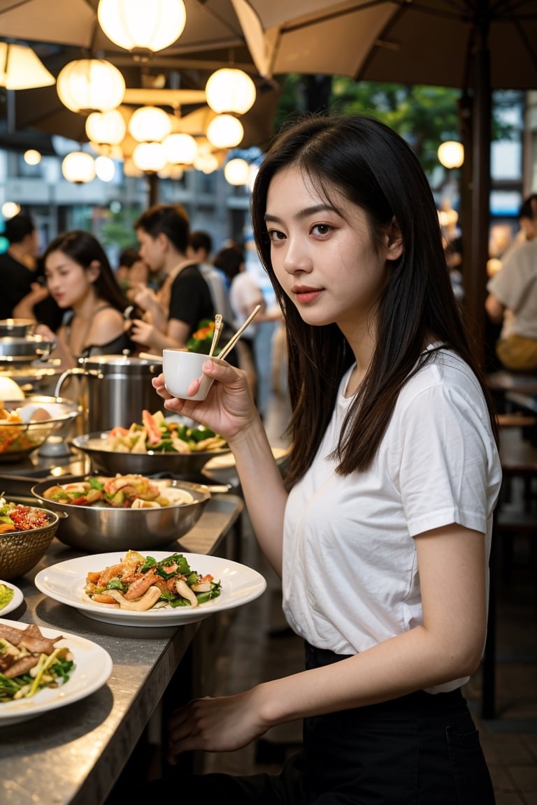 (8K, Ultra high res:1.1) Nguyen, an 18-year-old Vietnamese girl, embarks on a dynamic street food adventure. She indulges in a variety of delicious Vietnamese dishes while wearing a casual yet stylish outfit. Nguyen's captivating brown eyes, flawless complexion, and long black hair are highlighted in the high-resolution image. The vibrant street food stalls and the mouthwatering aroma of Vietnamese cuisine add to the energetic atmosphere, capturing Nguyen's love for culinary exploration and her youthful appetite for new experiences.