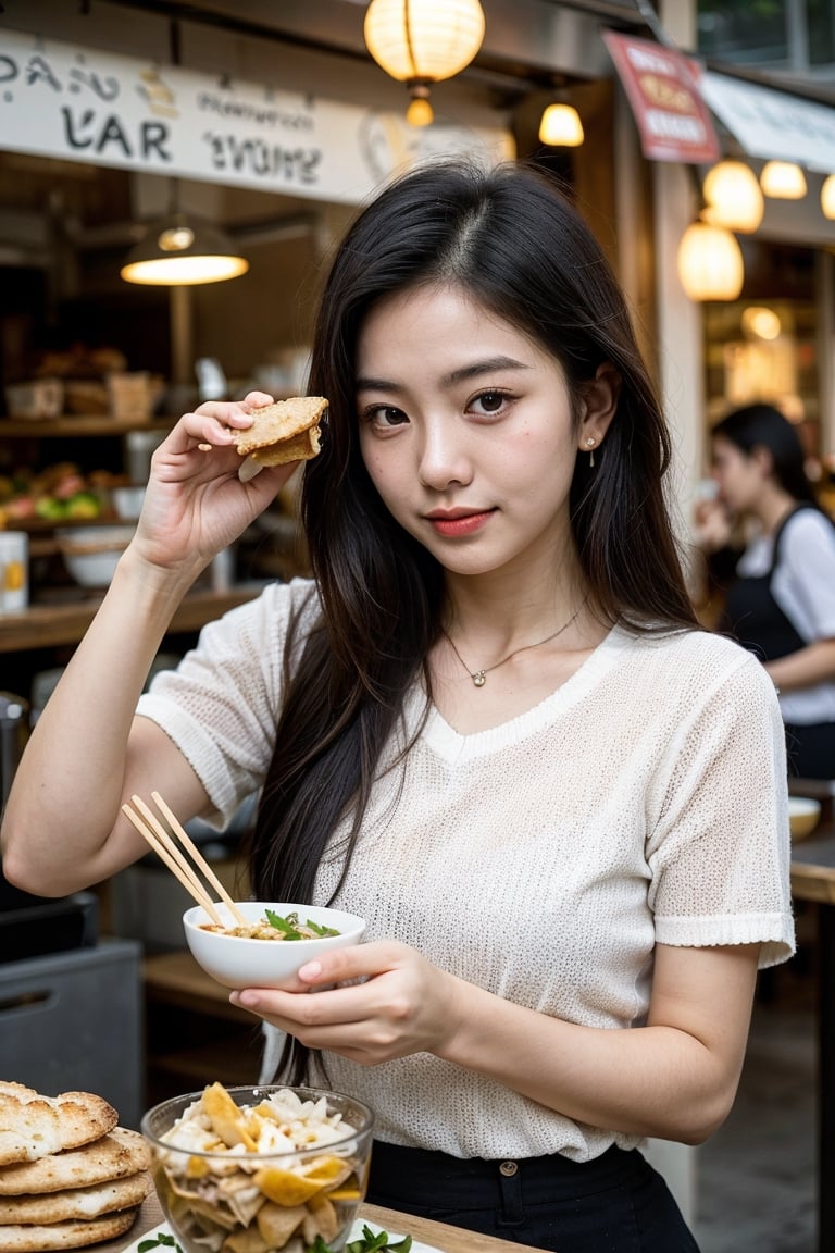 (8K, Ultra high res:1.1) Nguyen, an 18-year-old Vietnamese girl, embarks on a dynamic street food adventure. She indulges in a variety of delicious Vietnamese dishes while wearing a casual yet stylish outfit. Nguyen's captivating brown eyes, flawless complexion, and long black hair are highlighted in the high-resolution image. The vibrant street food stalls and the mouthwatering aroma of Vietnamese cuisine add to the energetic atmosphere, capturing Nguyen's love for culinary exploration and her youthful appetite for new experiences.