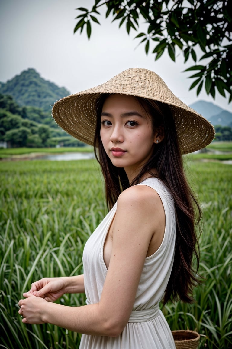 (8K, Ultra high res:1.1) Nguyen, an 18-year-old Vietnamese girl, stands amidst the serene beauty of a rice paddy field. She wears a traditional áo bà ba and a Non La (conical hat), symbolizing her connection to Vietnamese culture. The high-resolution image captures ultra-detailed realism, highlighting Nguyen's captivating brown eyes, flawless complexion, and long black hair. The lush green rice paddies and the gentle breeze create a tranquil ambiance, emphasizing Nguyen's appreciation for nature and her Vietnamese heritage.