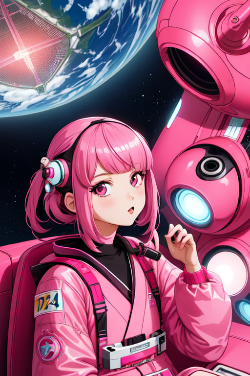 an incredible beautiful japanese cute young woman in a science fiction movie, wearing pink fendi cyborg haute couture in a pink retro futurist space craft, in the style of wes anderson, fashion editorial, fashion photography --ar 4:5 --v 5
