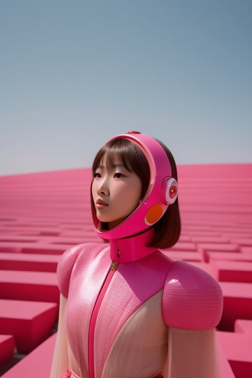 an incredible beautiful japanese cute young woman in a science fiction movie, wearing pink fendi cyborg haute couture in a pink retro futurist space craft, in the style of wes anderson, fashion editorial, fashion photography --ar 4:5 --v 5
