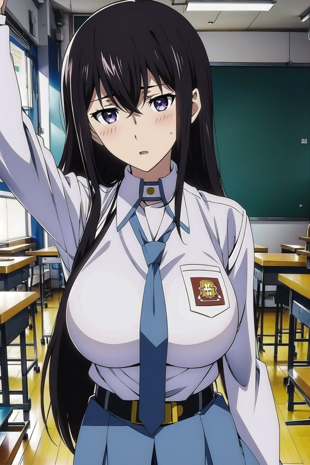 (masterpiece, Visual_Anime, screencap, more detail:1.1,  best quality:1.3),  (classroom:1.3),  highres,  detailed background, Makise_Kurisu,  1girl, solo, long hair, looking at viewer, blush, bangs, purple eyes, Karakter Anime Pake Baju SMA, blue skirt,  (((blue necktie))), hair between eyes, open mouth, white shirt, upper body, standing, kneehighs, parted lips, Lambang Osis SMA, black belt, hand up, classroom, blurry, blurry background, sunlight, mature,  large breasts, looking at viewer,  open mouth
BREAK 
(long white sleeve:1.2), upper body,  shiny hair,  anime color, indoor, Anime,